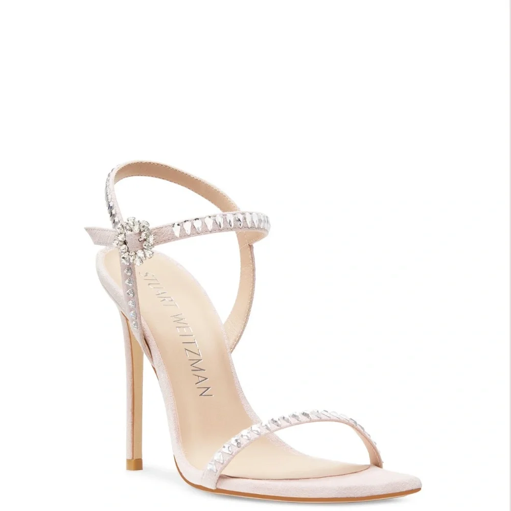 Stuart Weitzman "Gemcut 100" Blush Suede Embellished Sandals Size: 9.5B - $650 - Picture 11 of 13